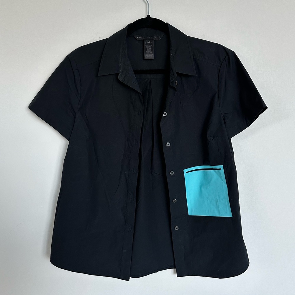 Marc Jacobs Black Short Sleeve Shirt with Teal Pocket